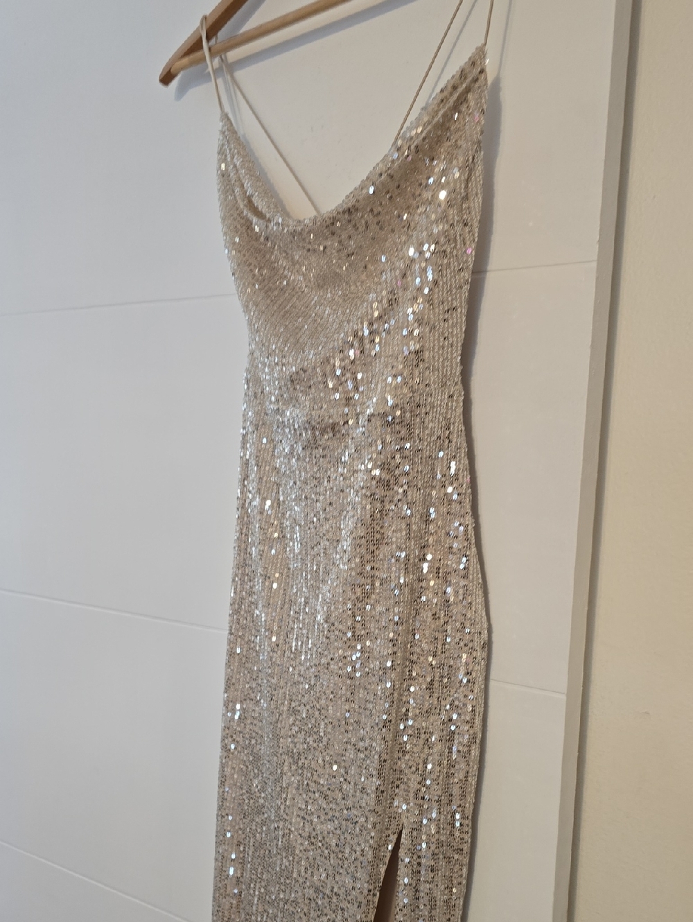 Sequined Cowl Neck Evening Gown in Champagne - Picture 2 of 5